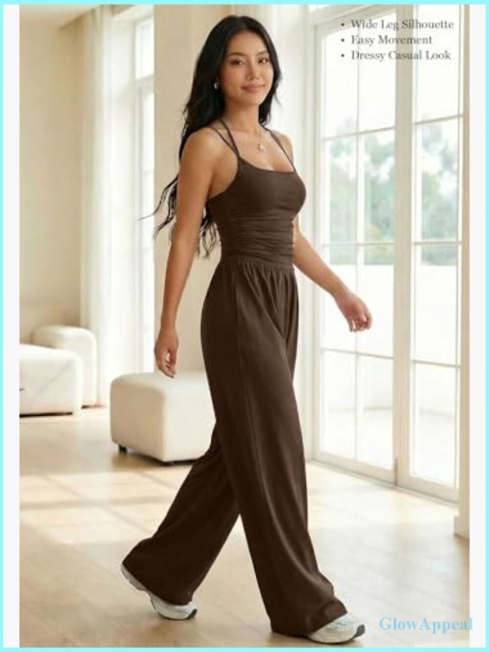 Wide Leg Jumpsuit Backless Spaghetti Strap Ruched Bodice Stretch One Piece - Picture 3 of 7